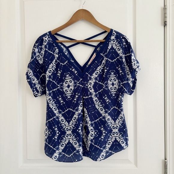Rebecca Taylor Blue Tie Dye Silk V Neck Blouse Sz 6 - Picture 8 of 8